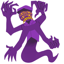 Still image of a four-armed, four eyed, purple ghoul wearing a work vest and hat.